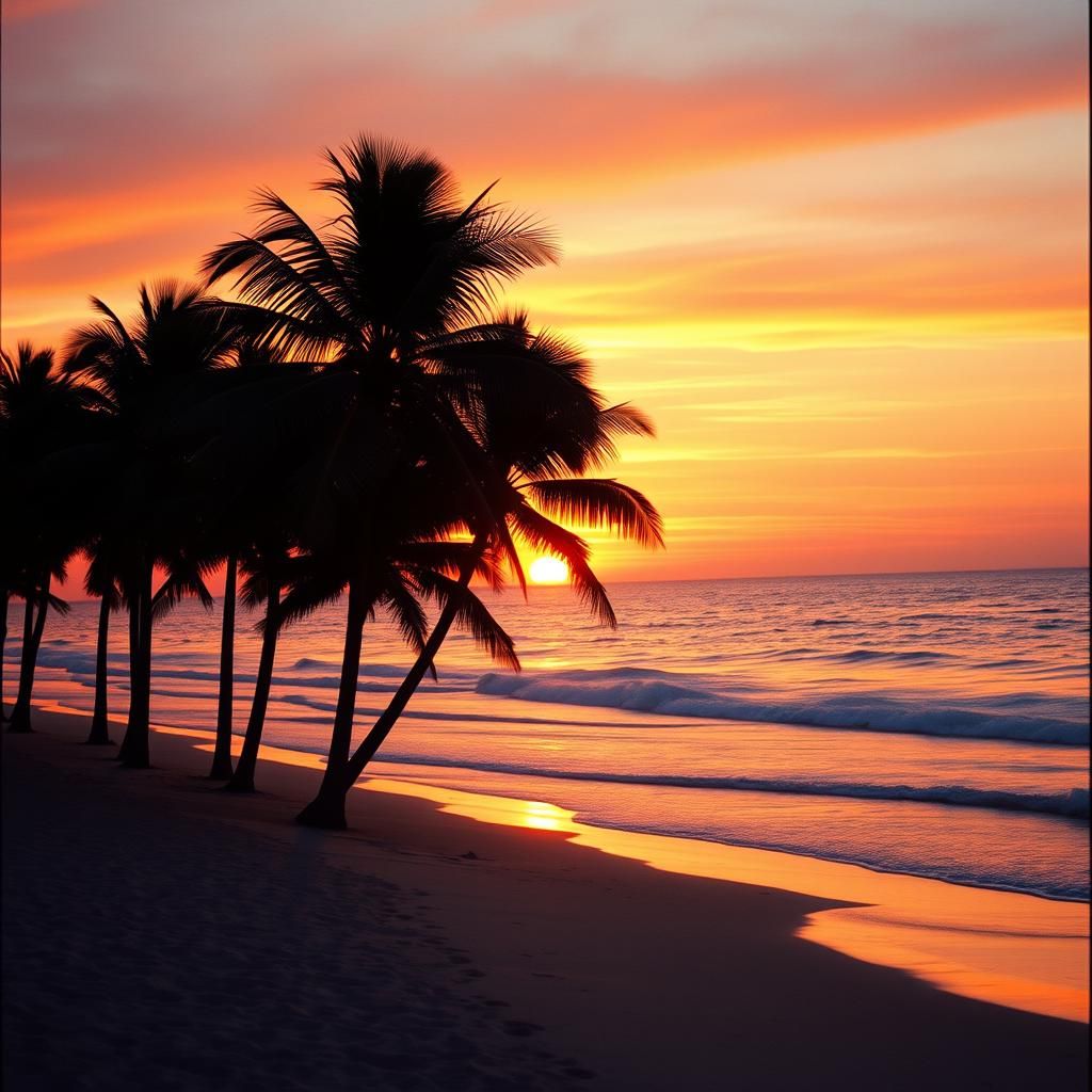 Serene Beach Sunset with Silhouetted Palms