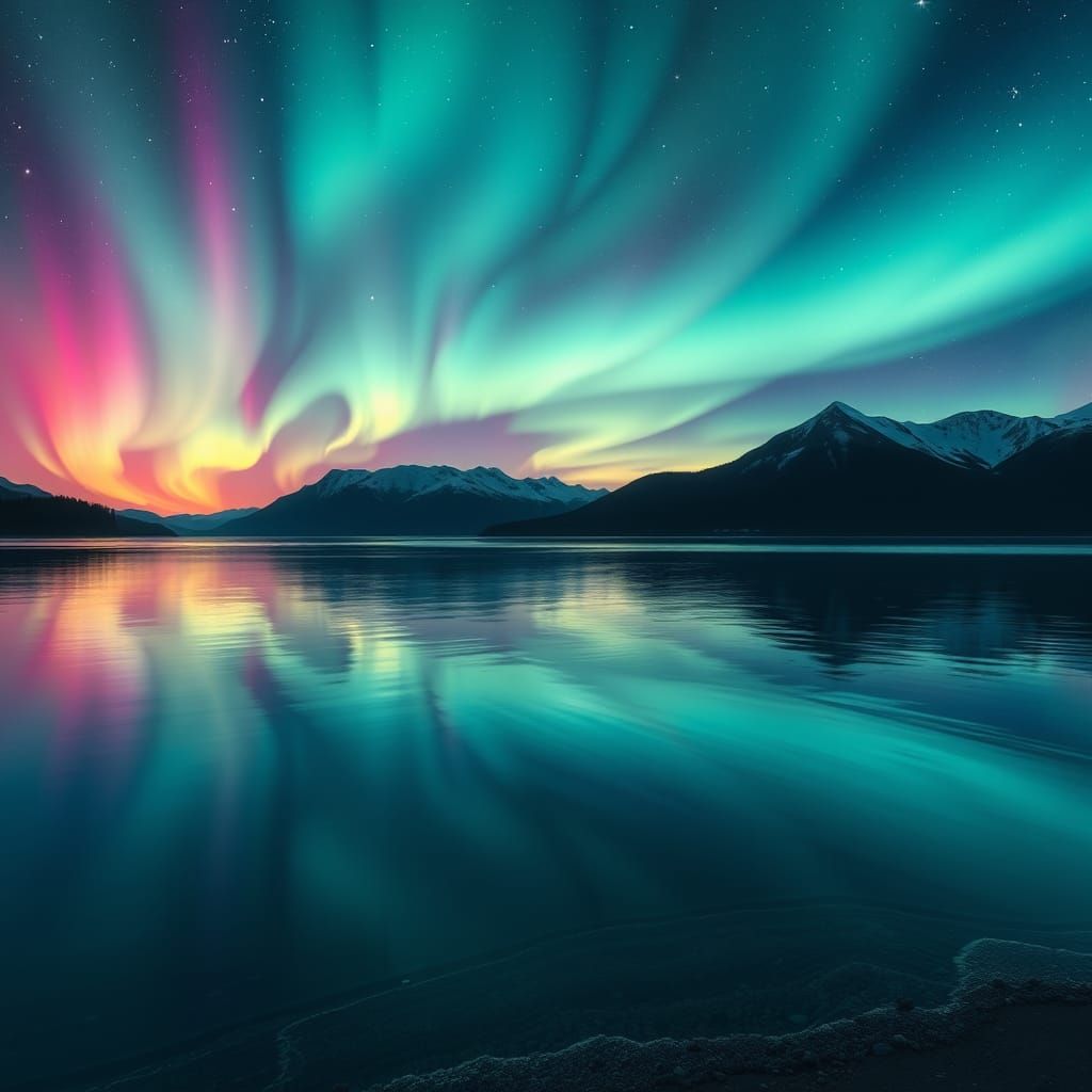 Surreal Nighttime Landscape with Aurora Borealis and Majesti...