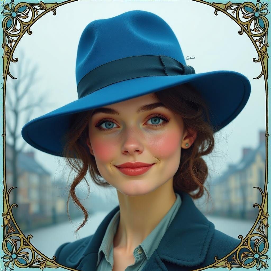 Woman in Blue Fedora, Art Nouveau Style