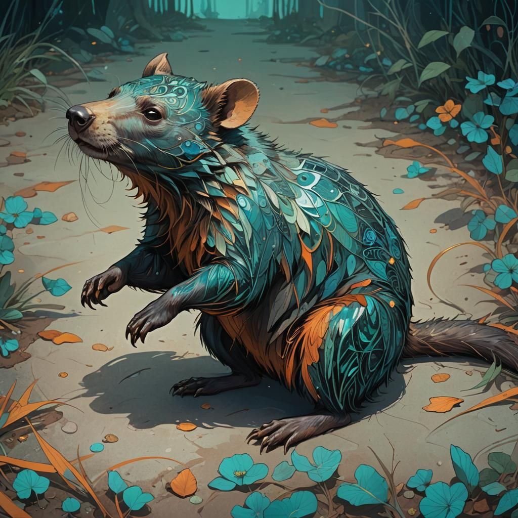 Bear-Rat Struggles Against Air Pressure in Art Nouveau Style