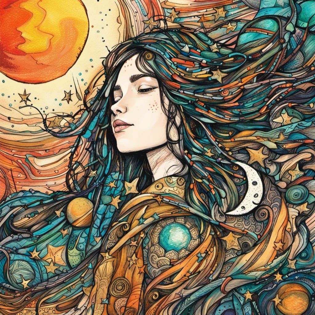 Celestial Art Brut Illustration with Sun, Moon, Stars