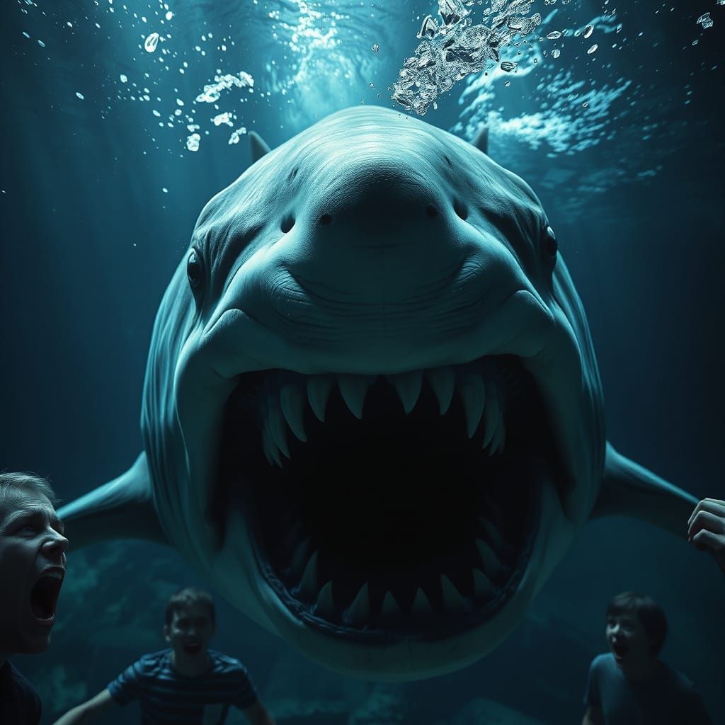 Megalodon Shark in Frenzy, Glass Wall Shattering