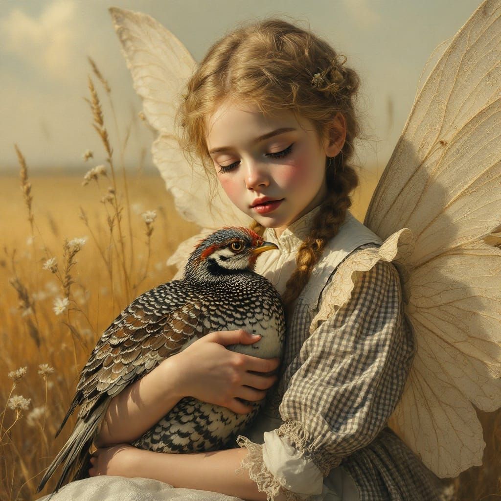 Vintage-Inspired Fairy Girl in Golden Prairie Landscape