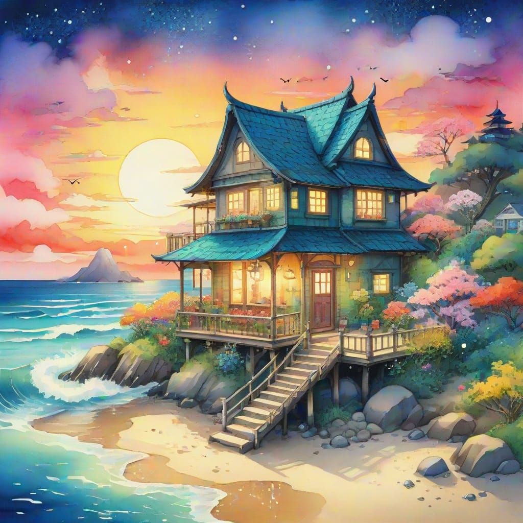Whimsical Watercolor Beach House in a Sparkling Fantasy Worl...