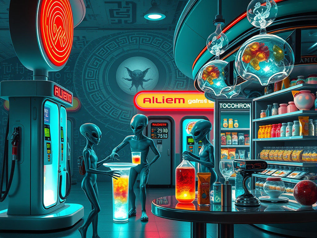 Intergalactic Gas Station with Alien Hieroglyphs in Retro-Fu...