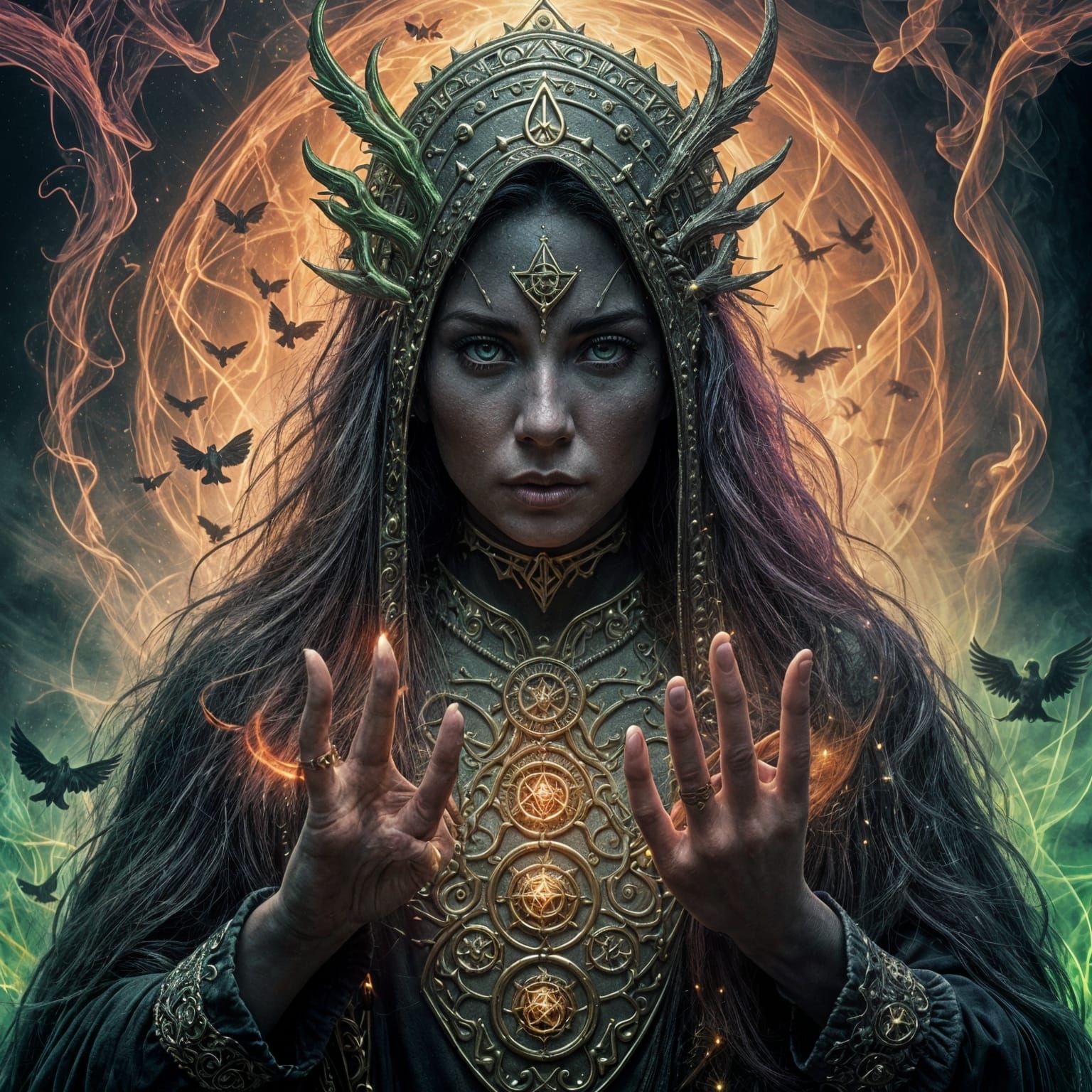 Mystical Witch in Dark Arts Realm with Pagan Symbols
