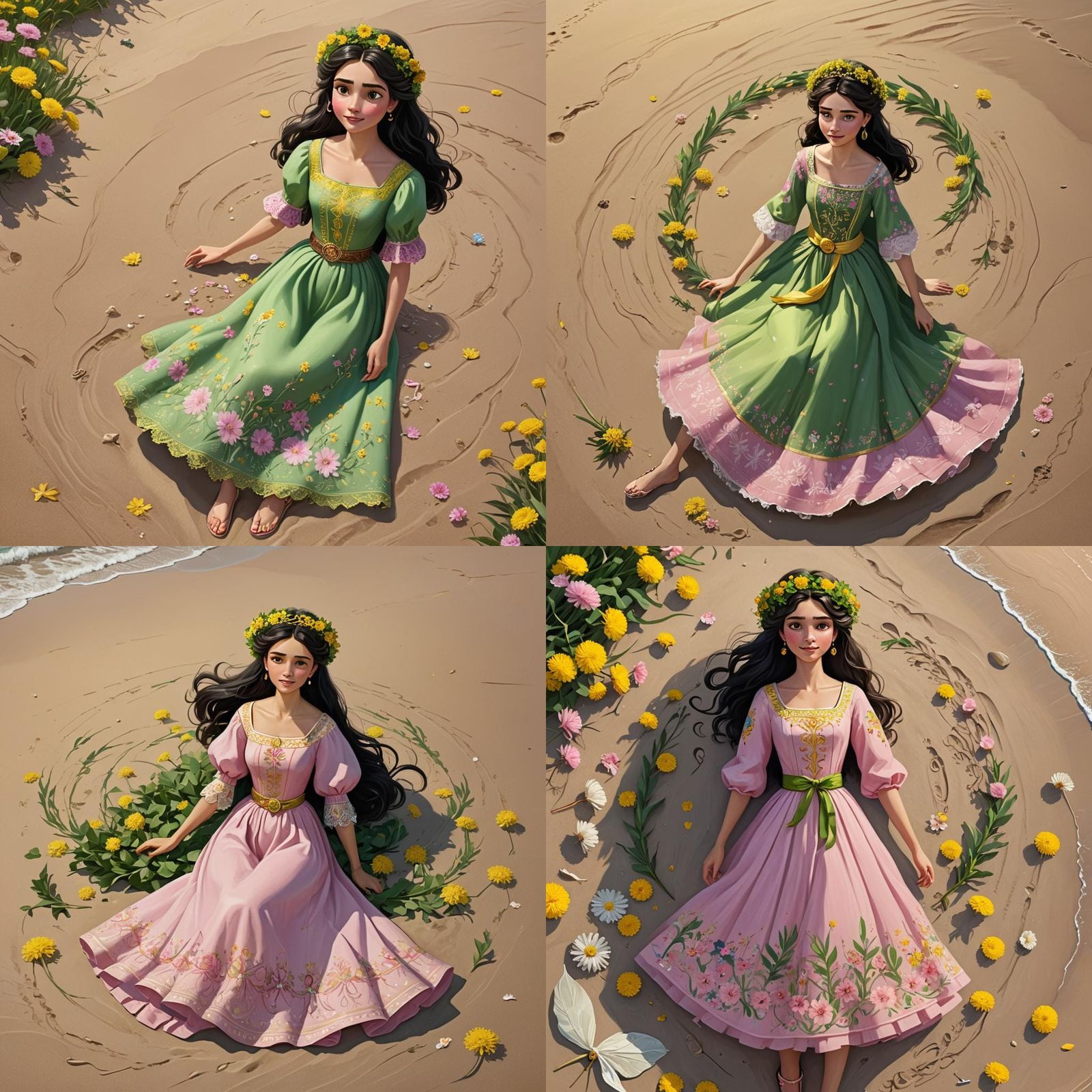 Green-Eyed Princess with Dandelion Wreath on Beach