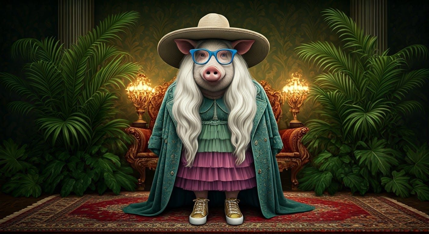 Majestic Pig with Flower Vase Hat and Sneakers