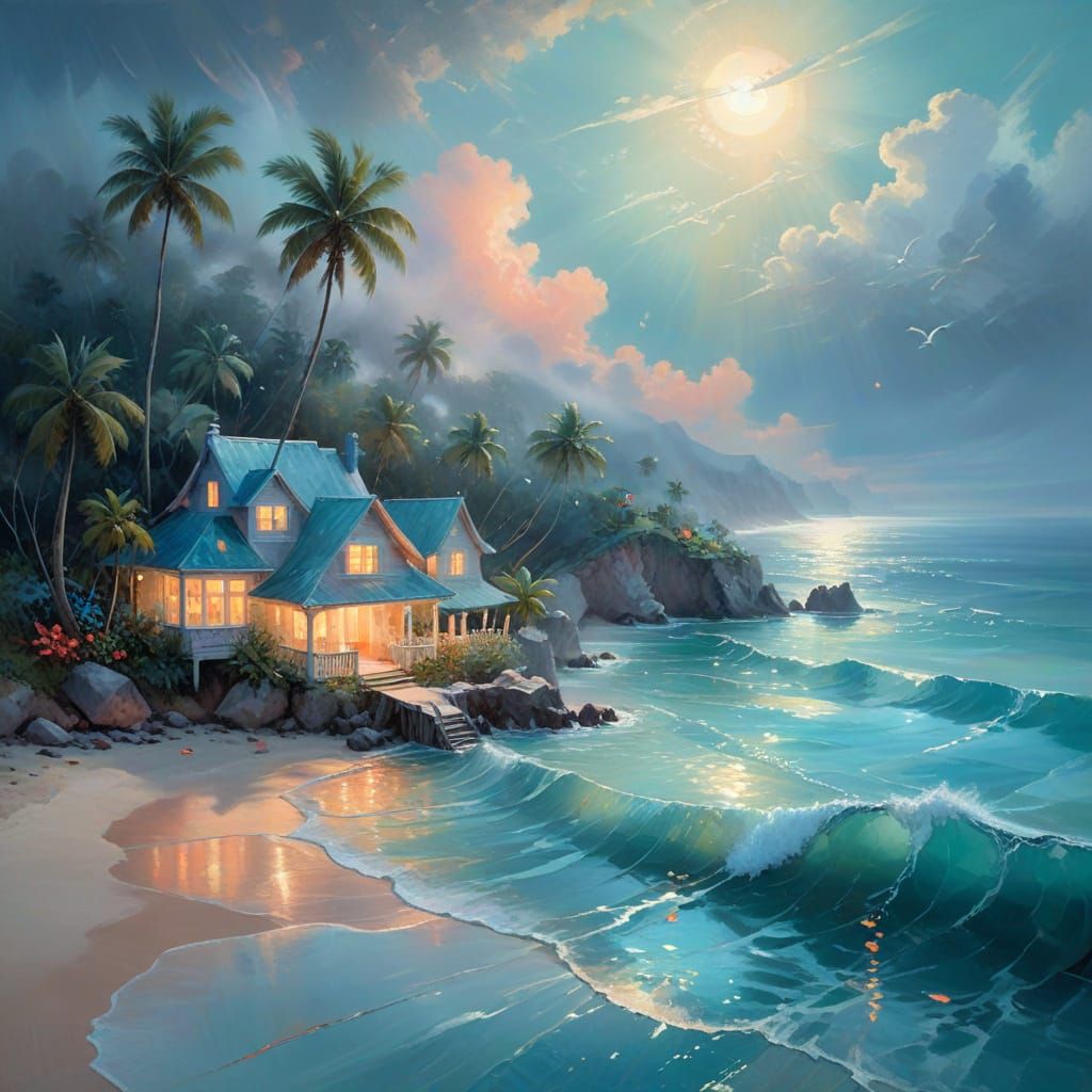Dreamlike Coastal Village in Vibrant Aquamarine Hues, Oil Pa...