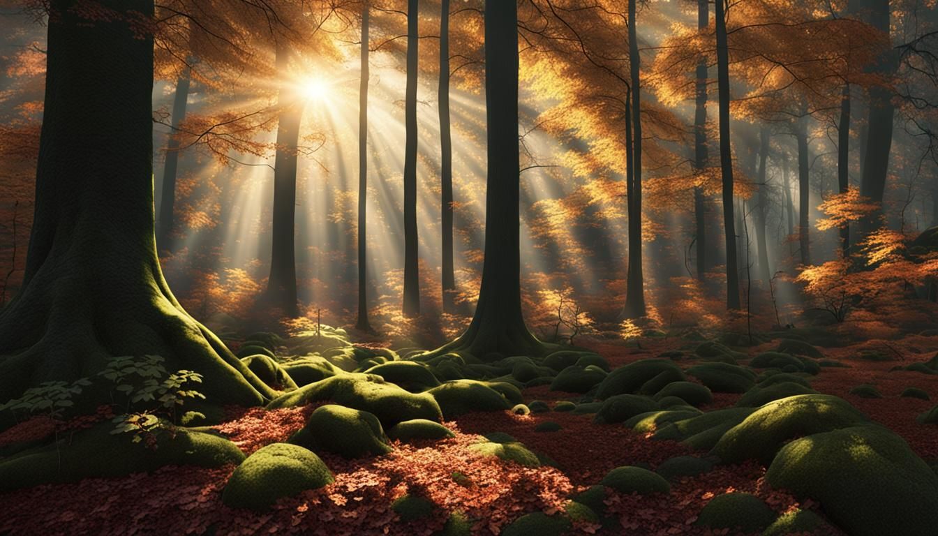 Sunlit Autumn Forest: Photorealistic Digital Painting