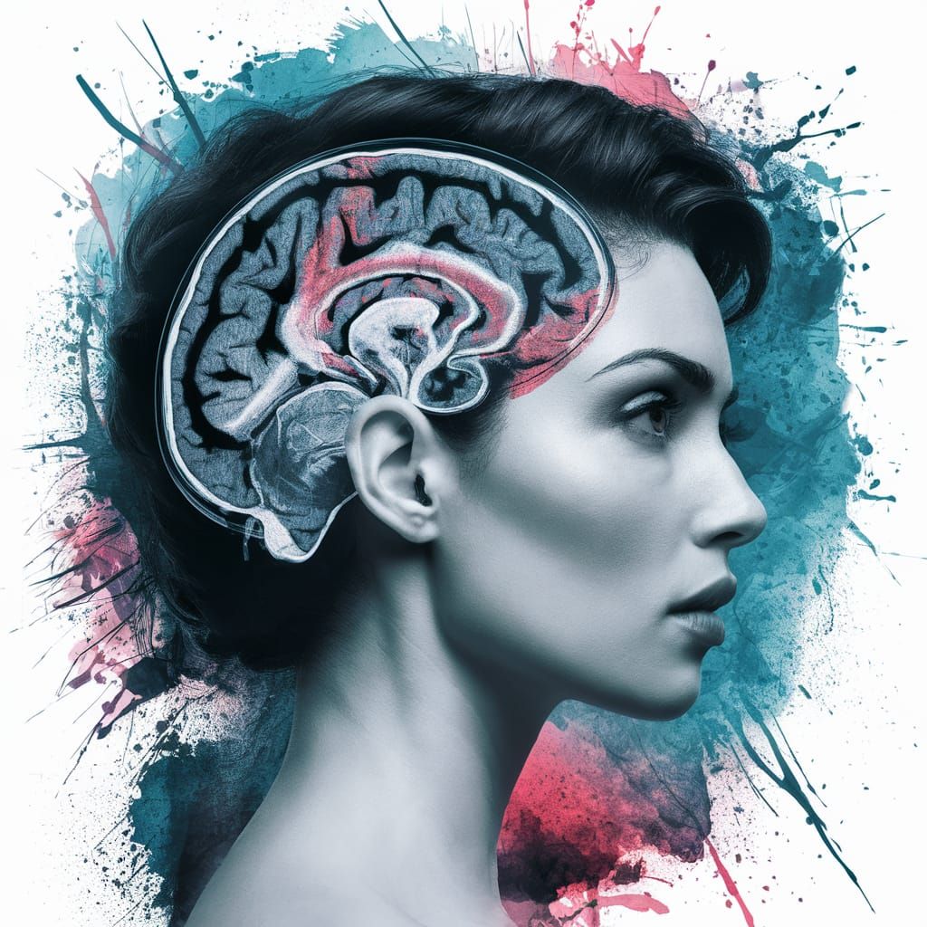 Woman's Portrait Merged with Brain Scan in Watercolor Style