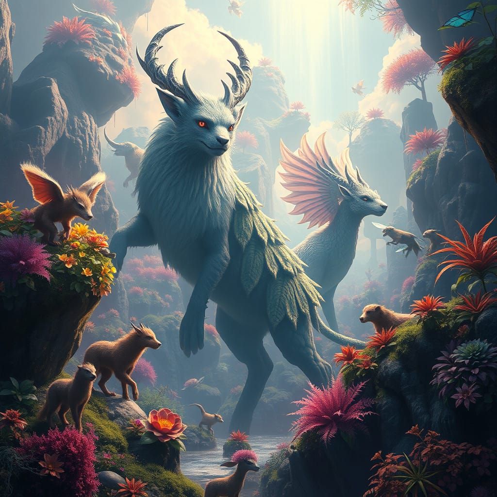 Majestic Fantasy Realm Teeming with Blended Creatures