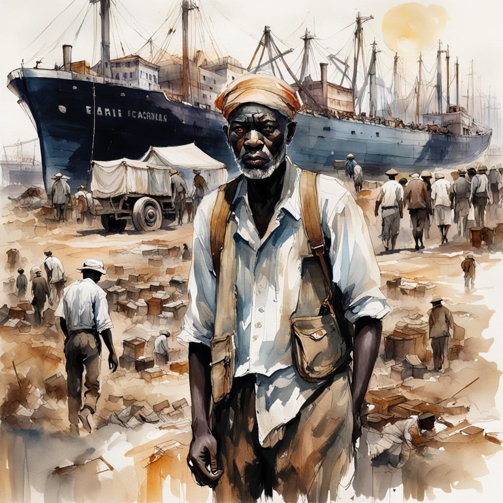 Lonely European in African Port: Watercolor Dark Art