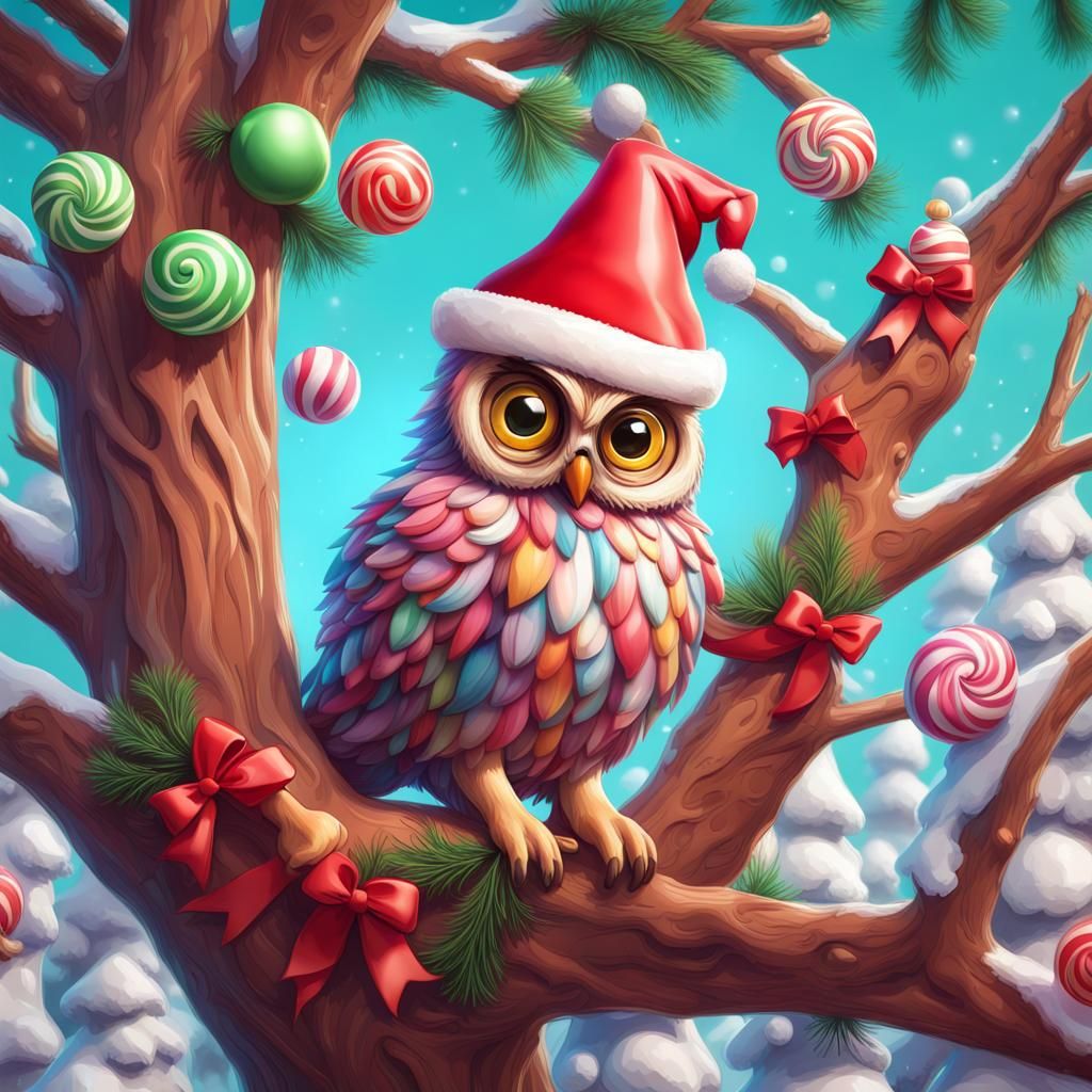 Festive Christmas Owl in Candy Art Style
