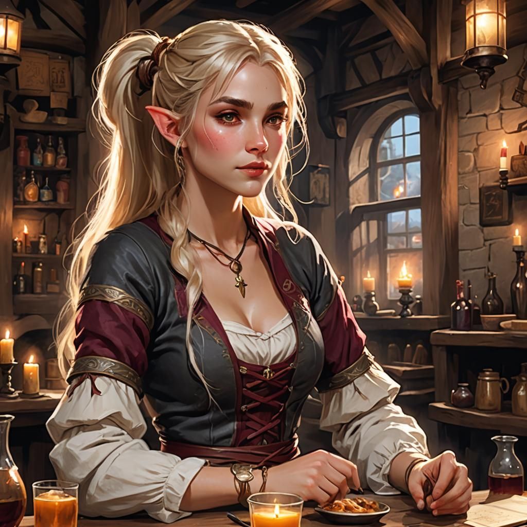 Half-Elf Bard Performs in Tavern with Enchanted Lute