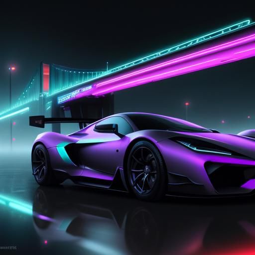Futuristic Sports Car on Neon Bridge in Cyberpunk Style