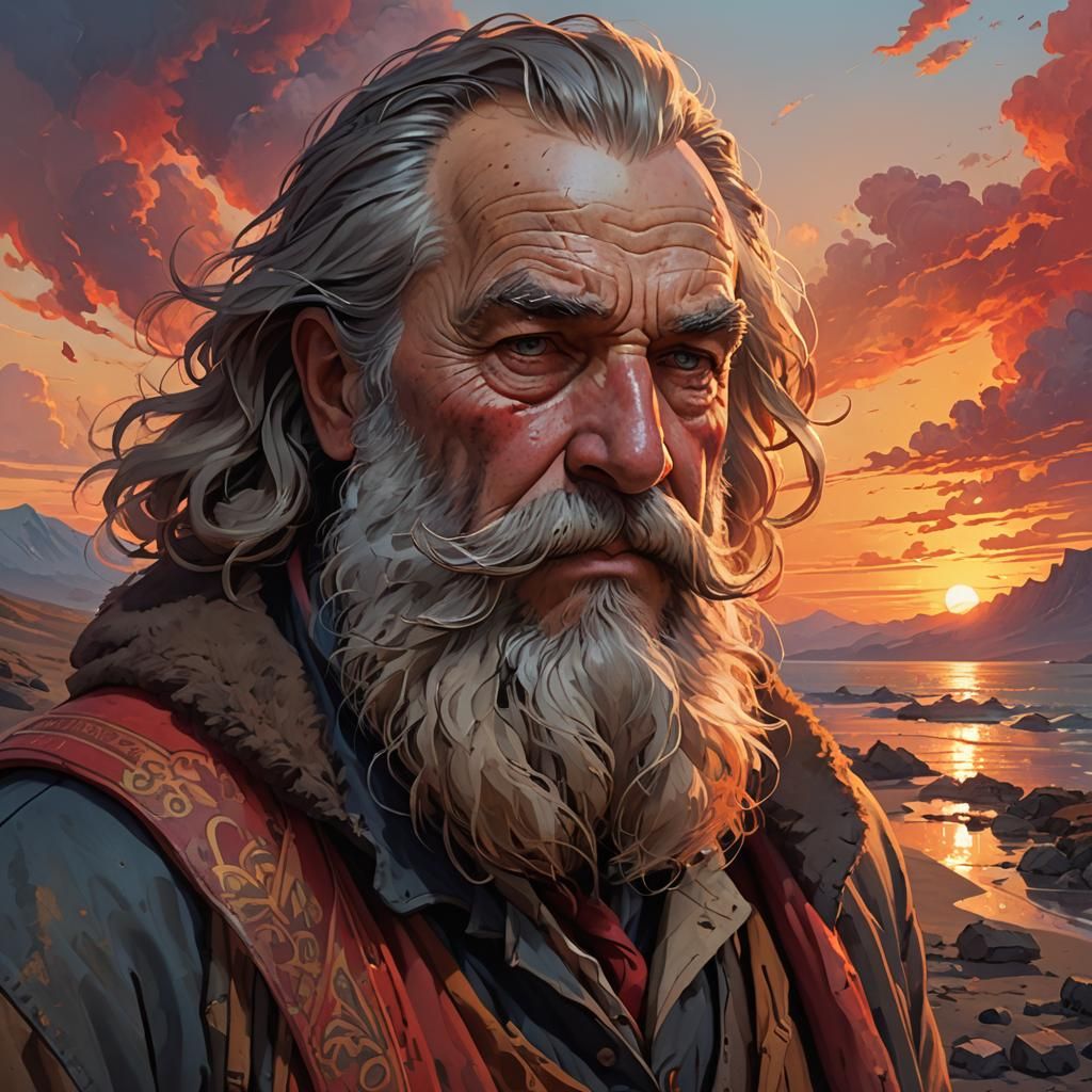Solitary Old Man Walks Into Blazing Sunset