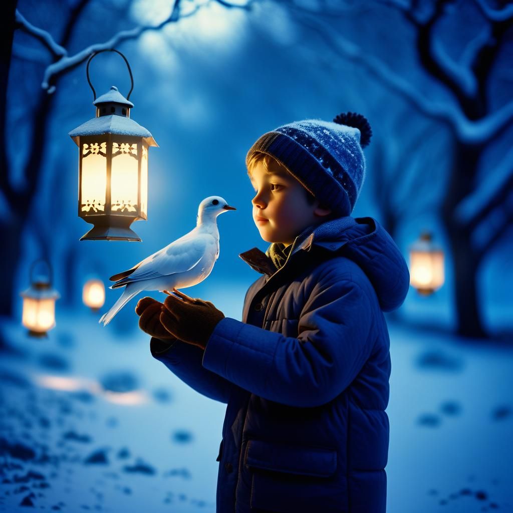 Youthful Boy Shines with a Snowy Bird and Lanterns