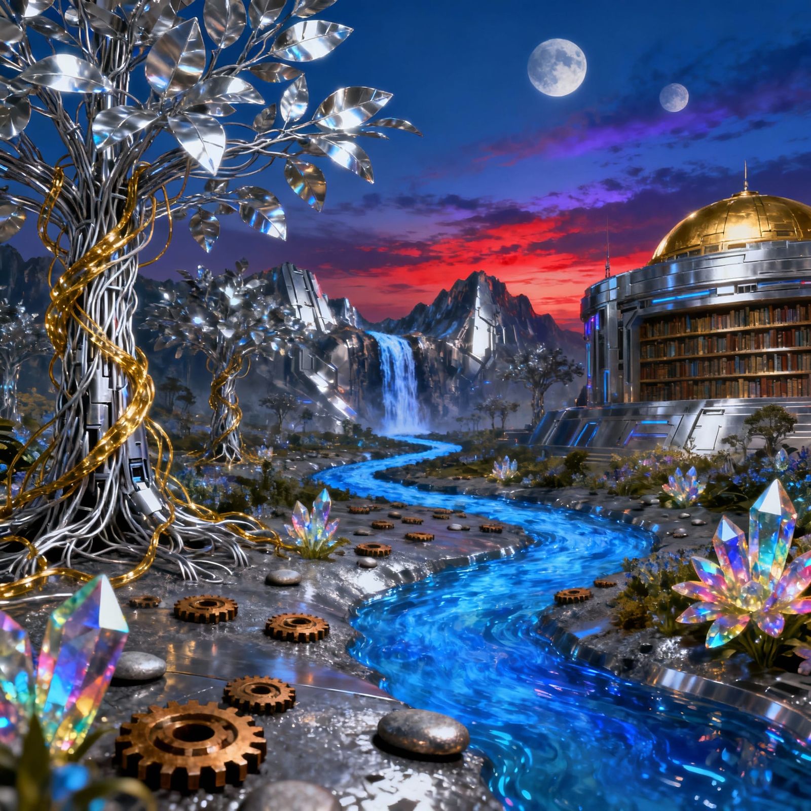 Cybertron's Crystal Gardens at Dusk with Twin Moons