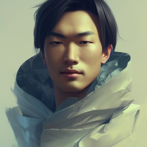 Detailed Portrait of Handsome Asian Man in Digital Art Style