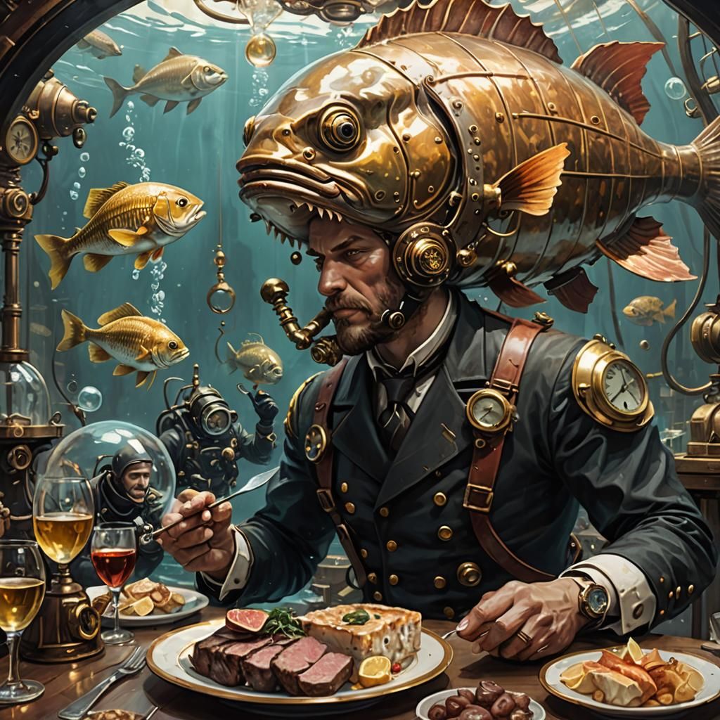 Steampunk Diner in a Fish Bubble, Oil Painting