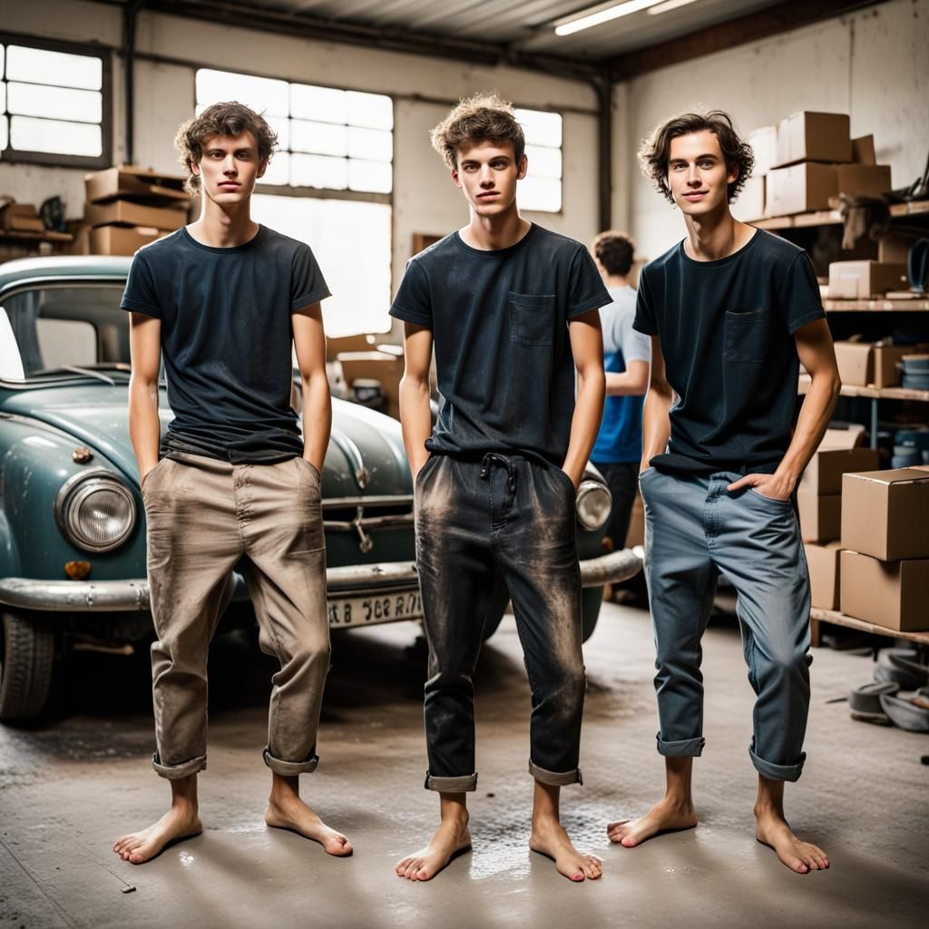 Barefoot Mechanics in Dusty Workshop: Professional Portrait