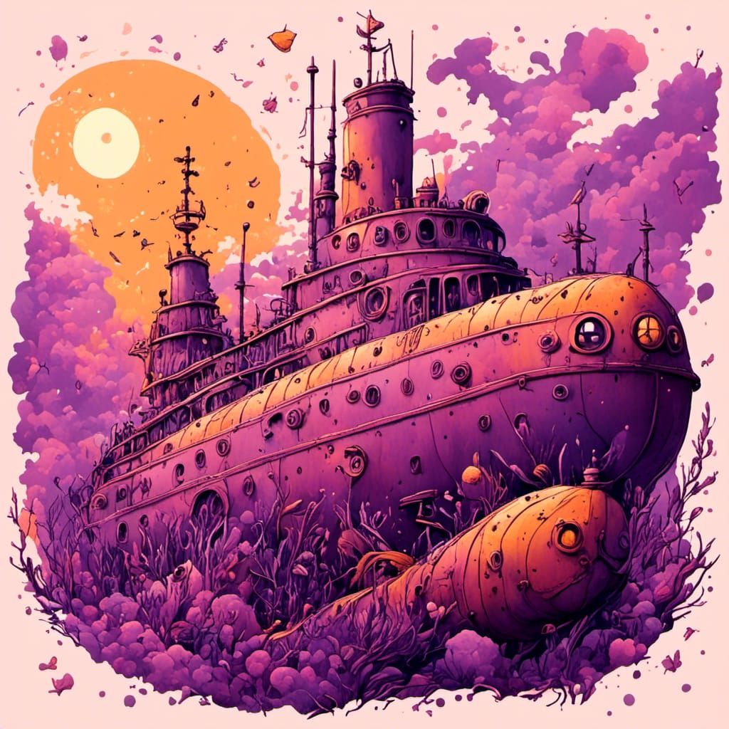 Retro Purple and Yellow Submarine Illustration