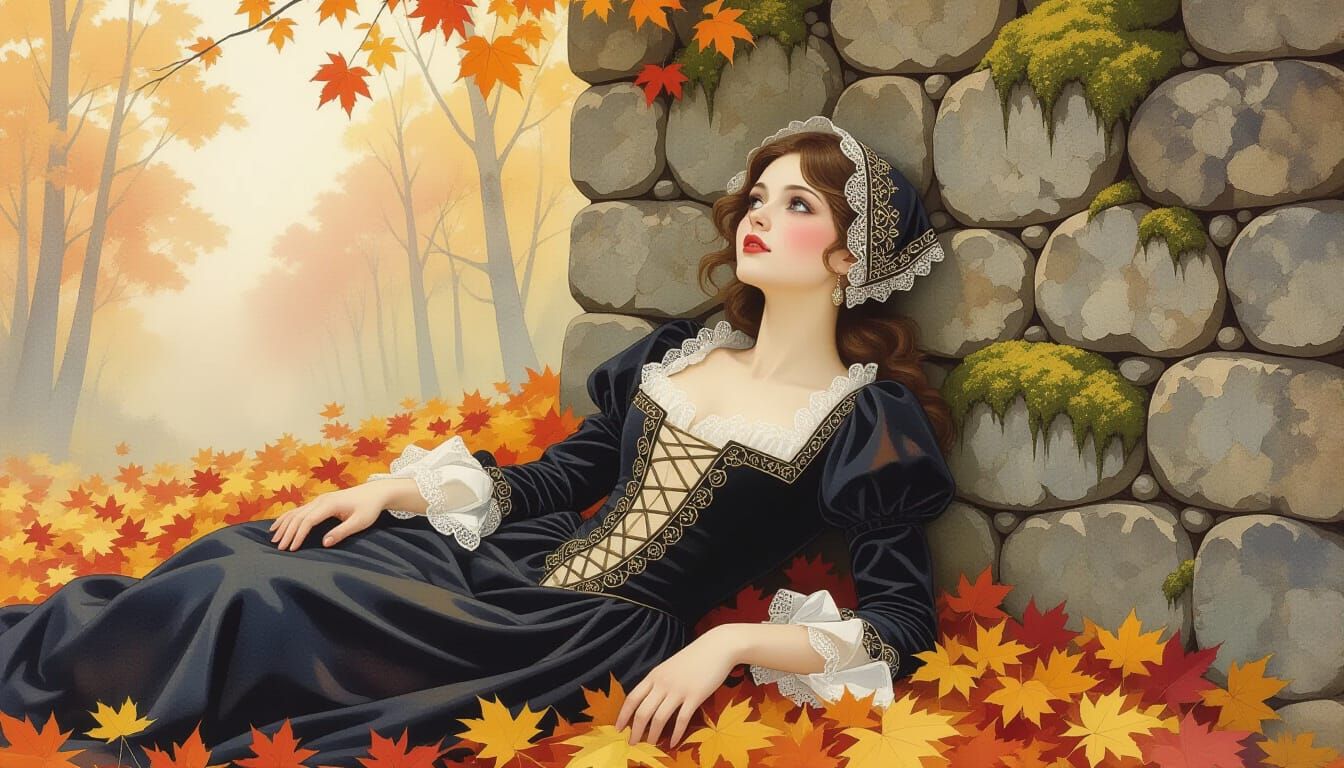 Woman in Autumn Leaves with Baroque Dress