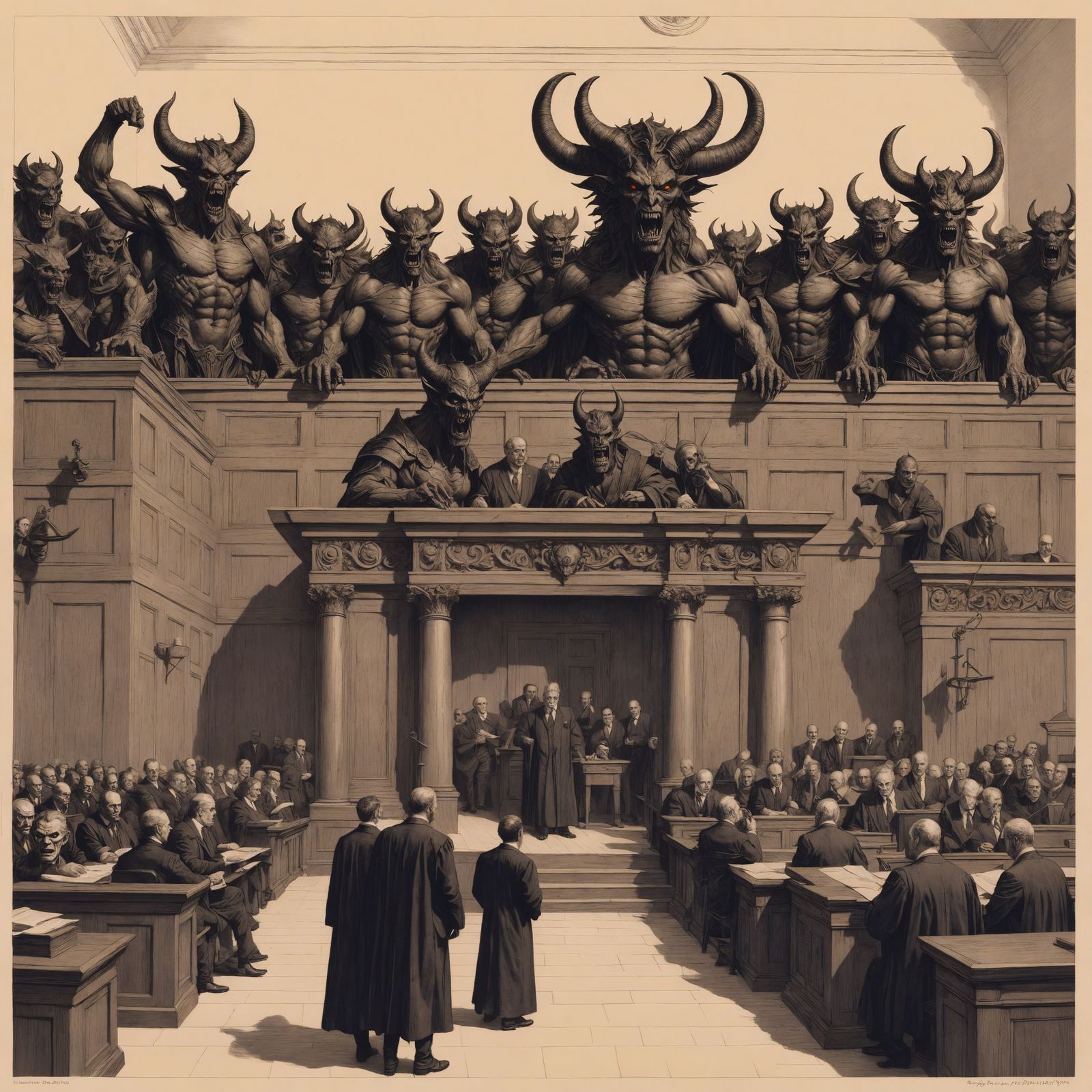 Courtroom Confrontation in a Dark Fantasy Setting