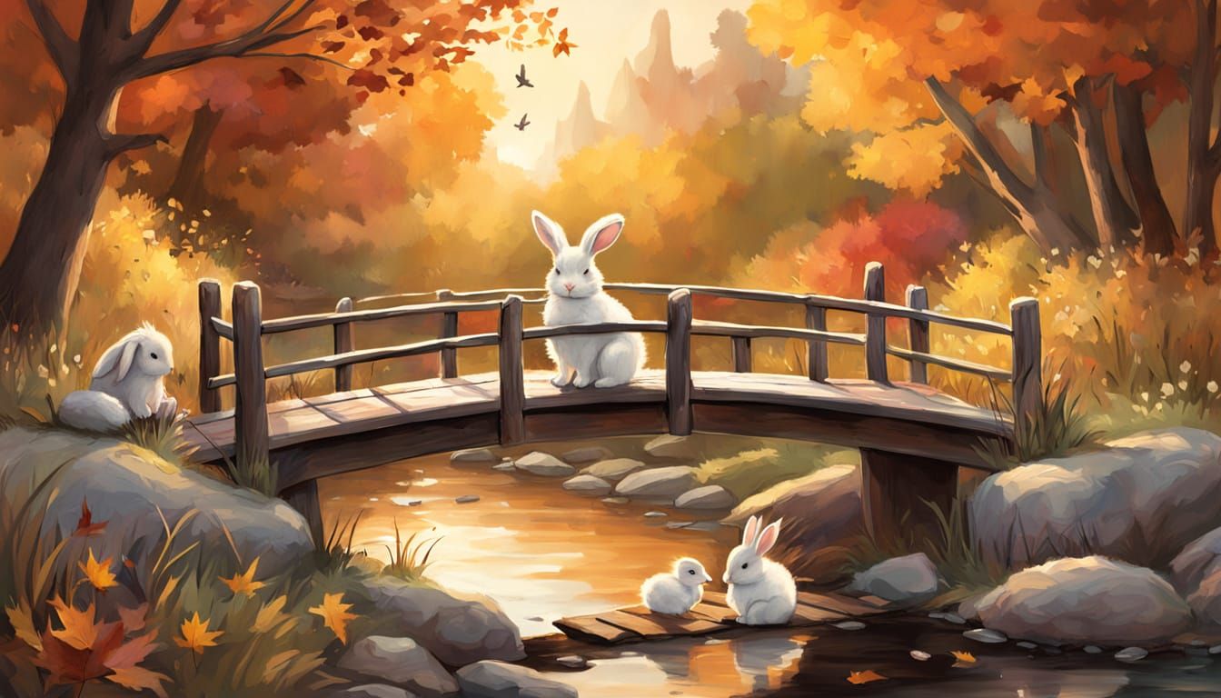 Bunny and Duckling Friendship on Autumn Bridge