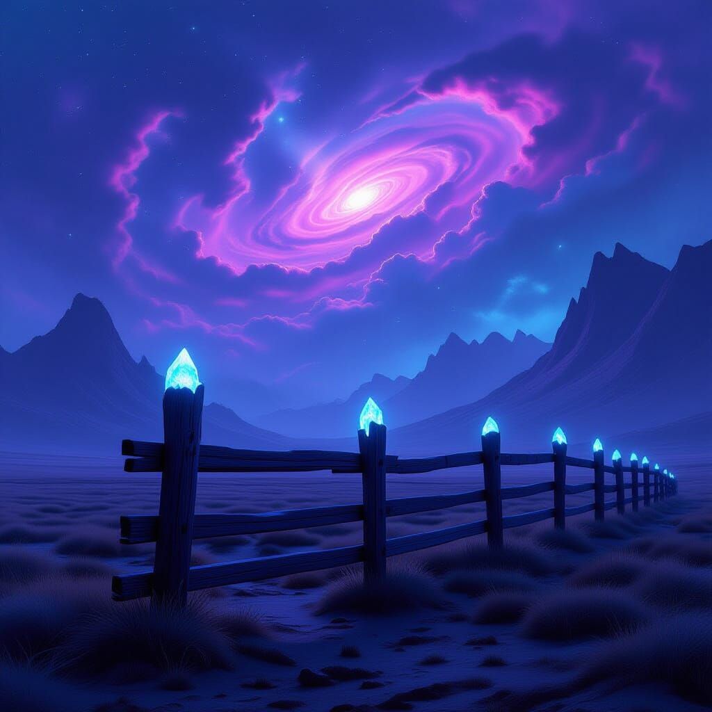 Alien Plain Fence Under Nebula Sky