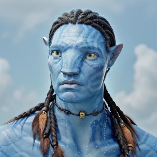 <lora:Navi Avatar:1.0> male Navi in his 40s, blue skin, braids