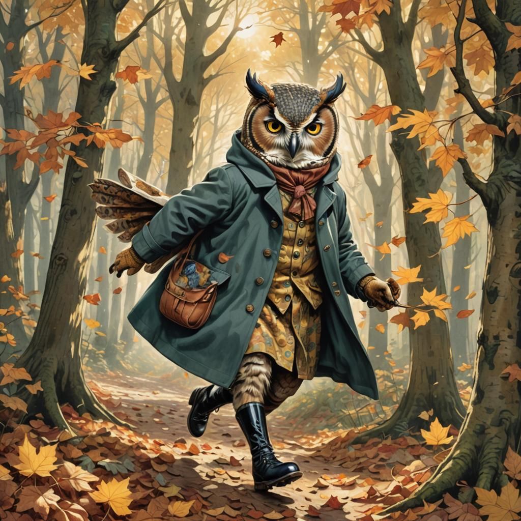 Owl in Boots Kicking Autumn Leaves, Tenniel Style