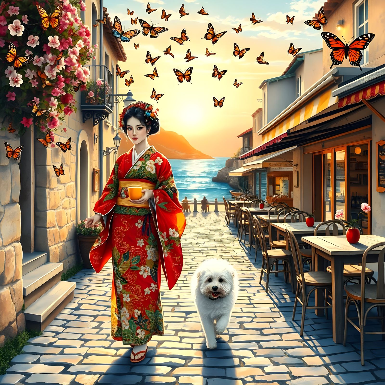 Ethereal Gouache Masterpiece: Japanese Woman Surrounded by B...