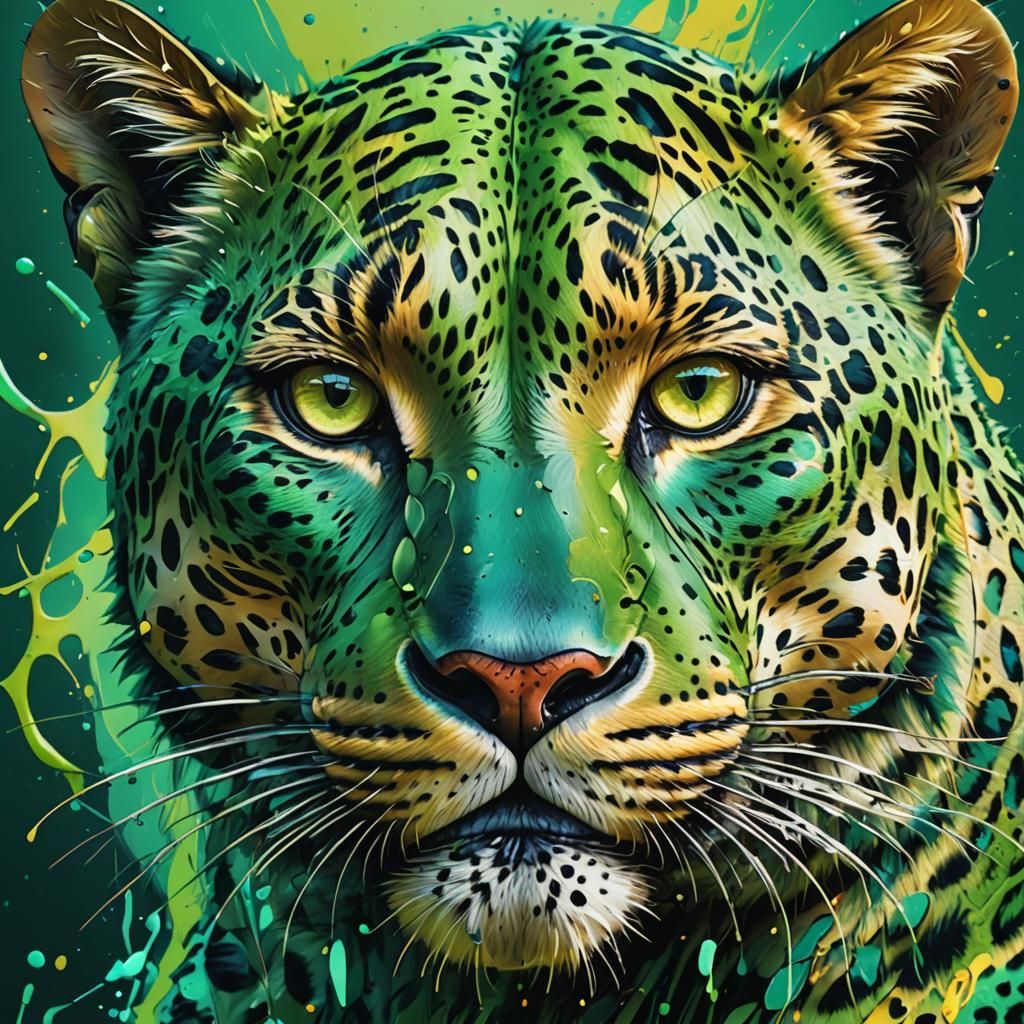 Psychedelic Green Futuristic Leopard Face in Splash Art