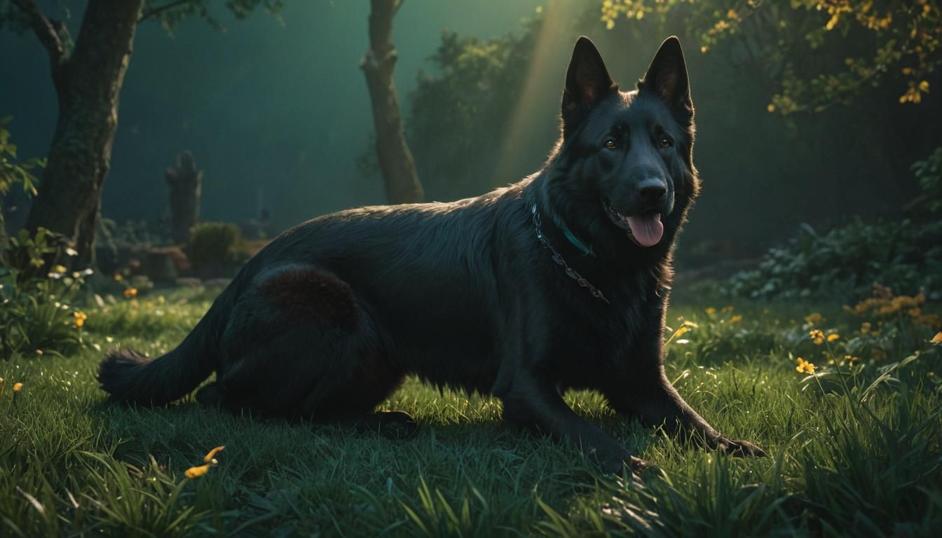 Black Mixed-Breed Dog with Divine Glow, Fantasy Art