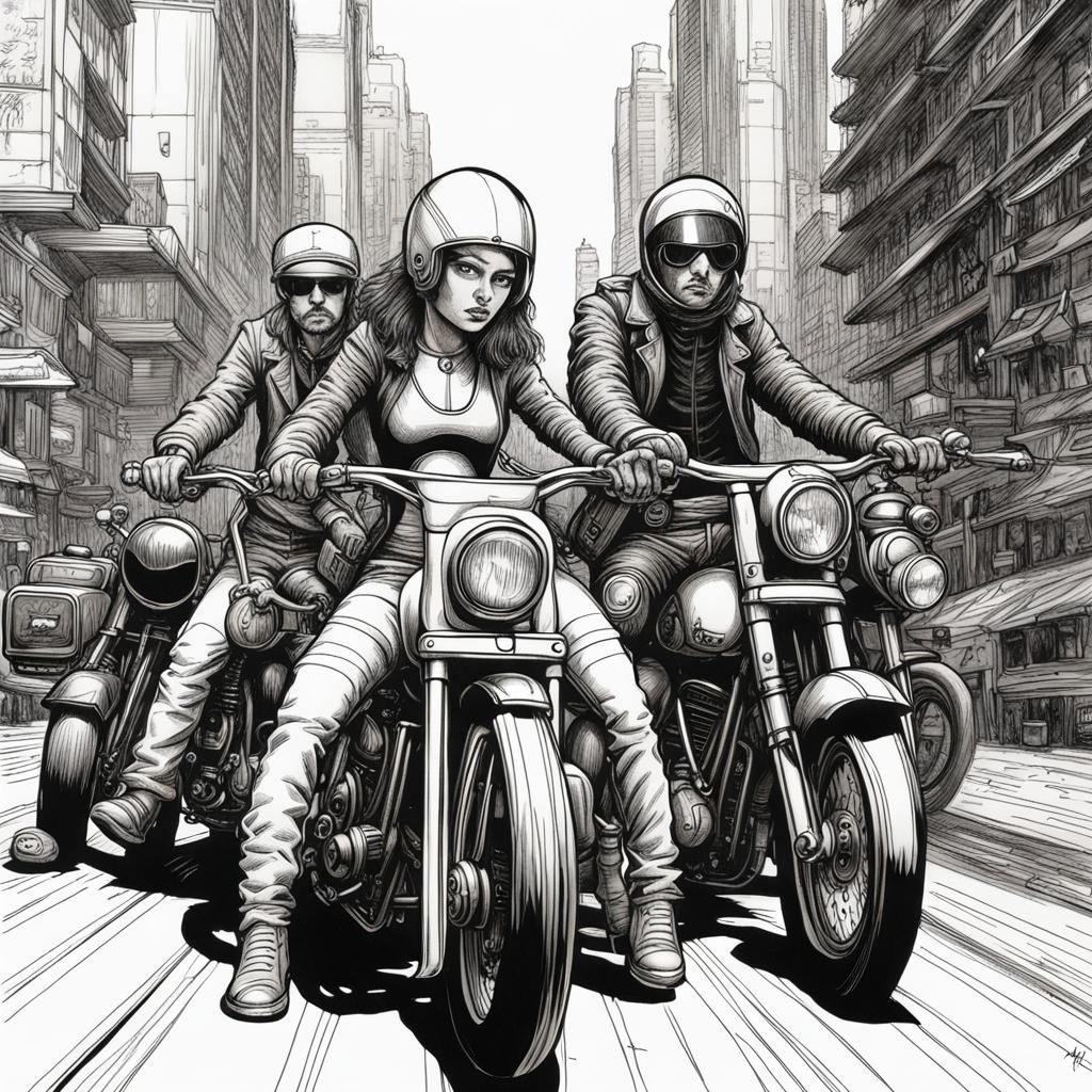 Monochrome Dieselpunk Bikers in Doodle Art Style