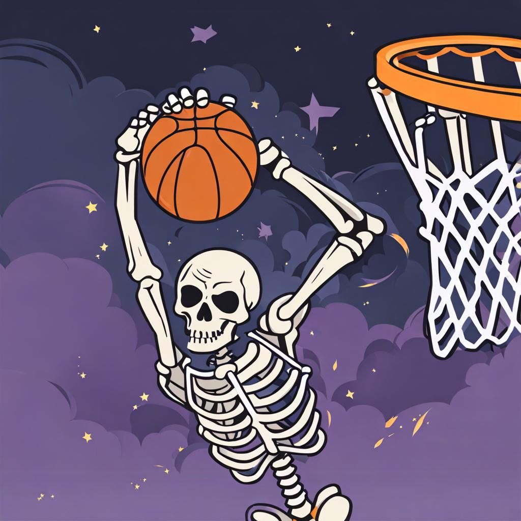 Skeleton Slam Dunking a Basketball