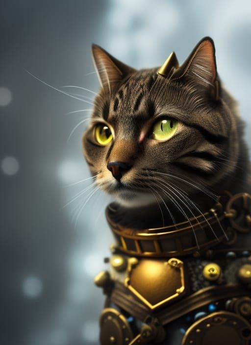Steampunk Cat Warrior in Gold Armor