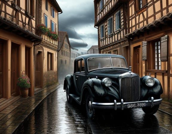 Shiny Vintage Car in Old European Village