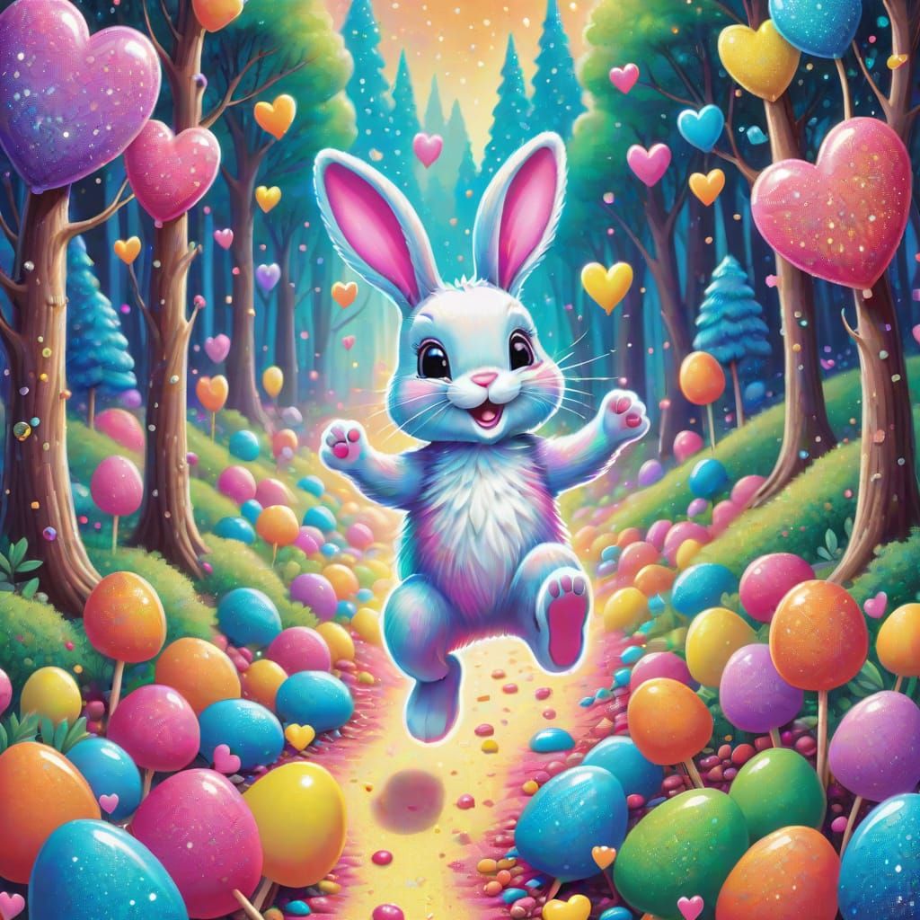 Rainbow Bunny in Candy Forest: Lisa Frank Style