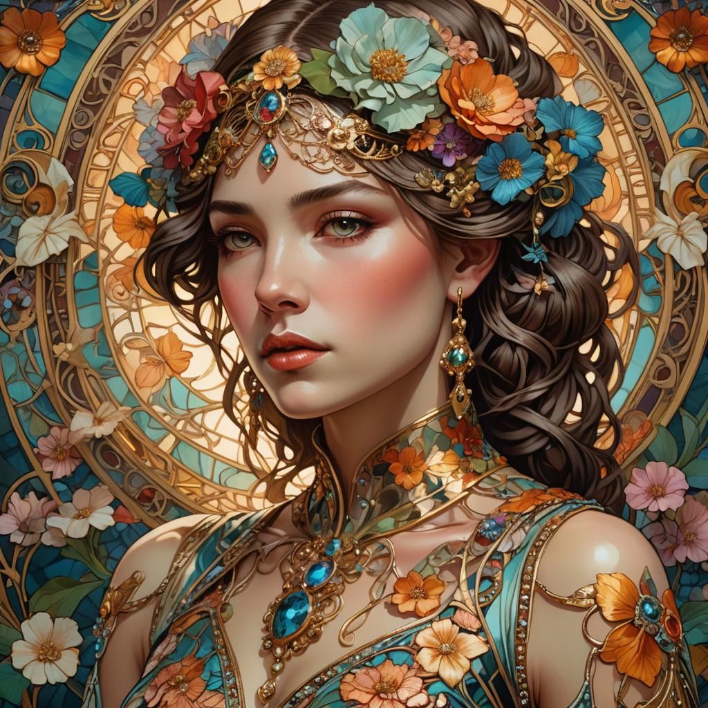 Art Nouveau Portrait: Woman in Haute Couture Floral Dress