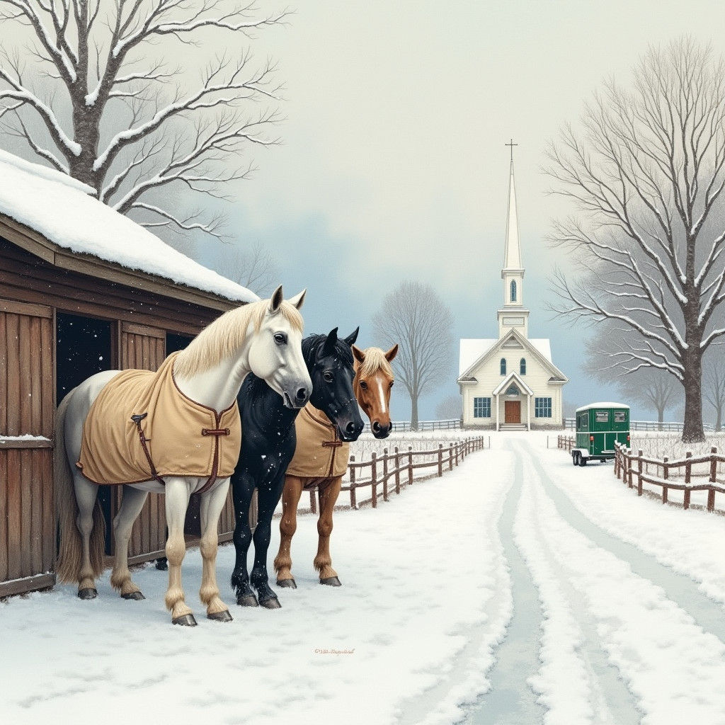 Snowfall at Horse Farm in Rustic Style