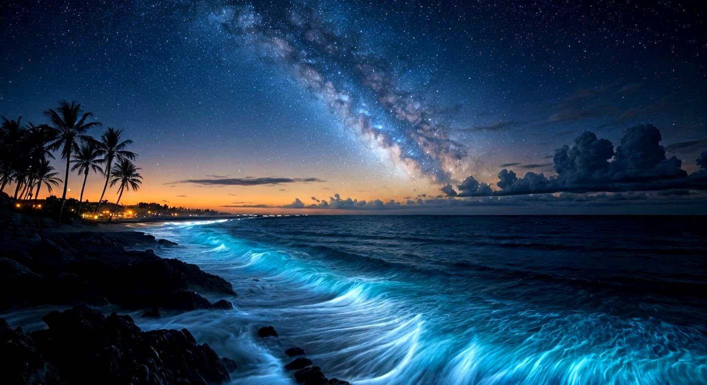 Bioluminescent Waves Under Starry Night Sky
