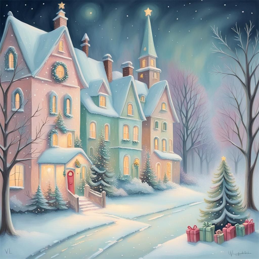 Whimsical Christmas Scene in Soft Pastels