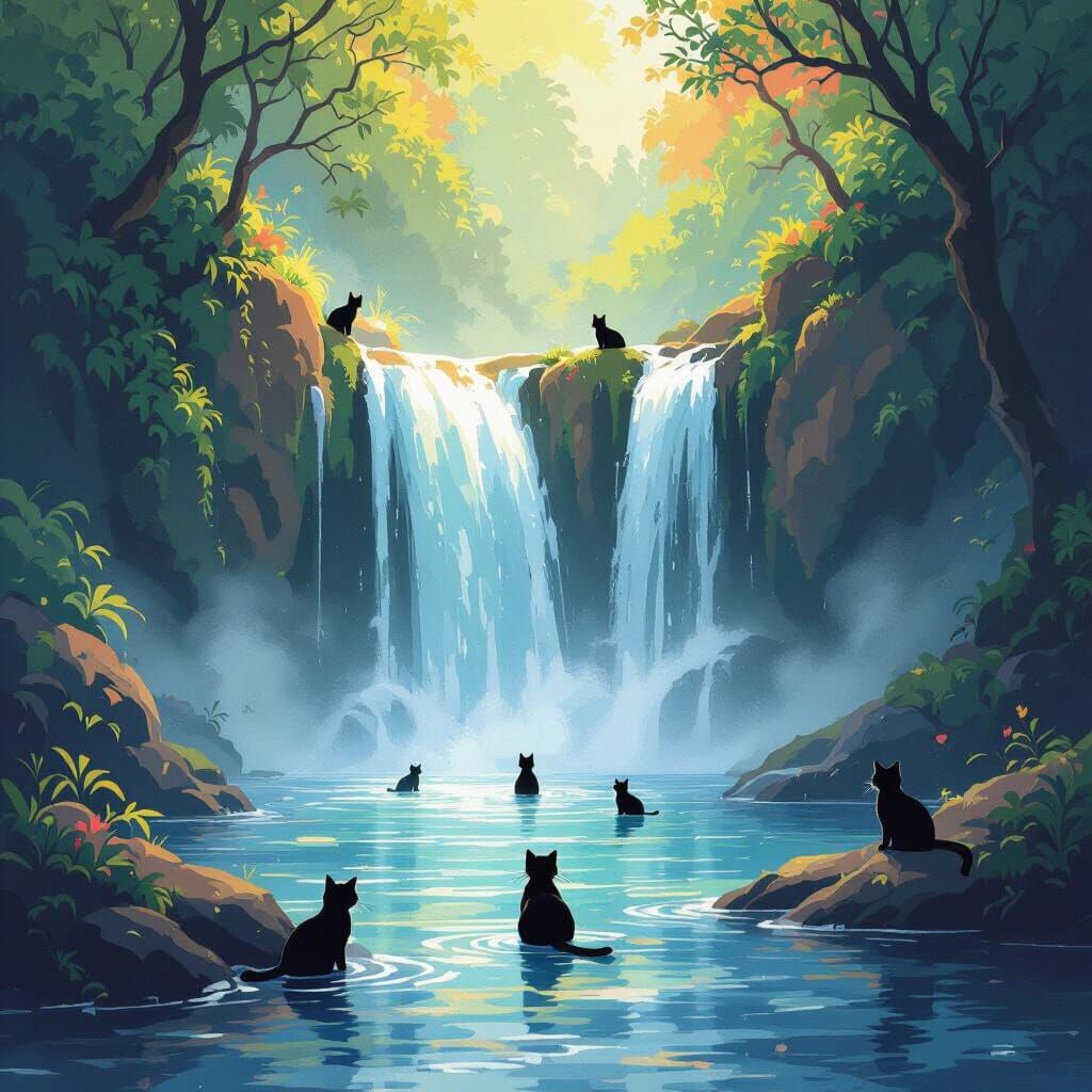 Cats by Waterfalls: A Vibrant, Painterly Scene