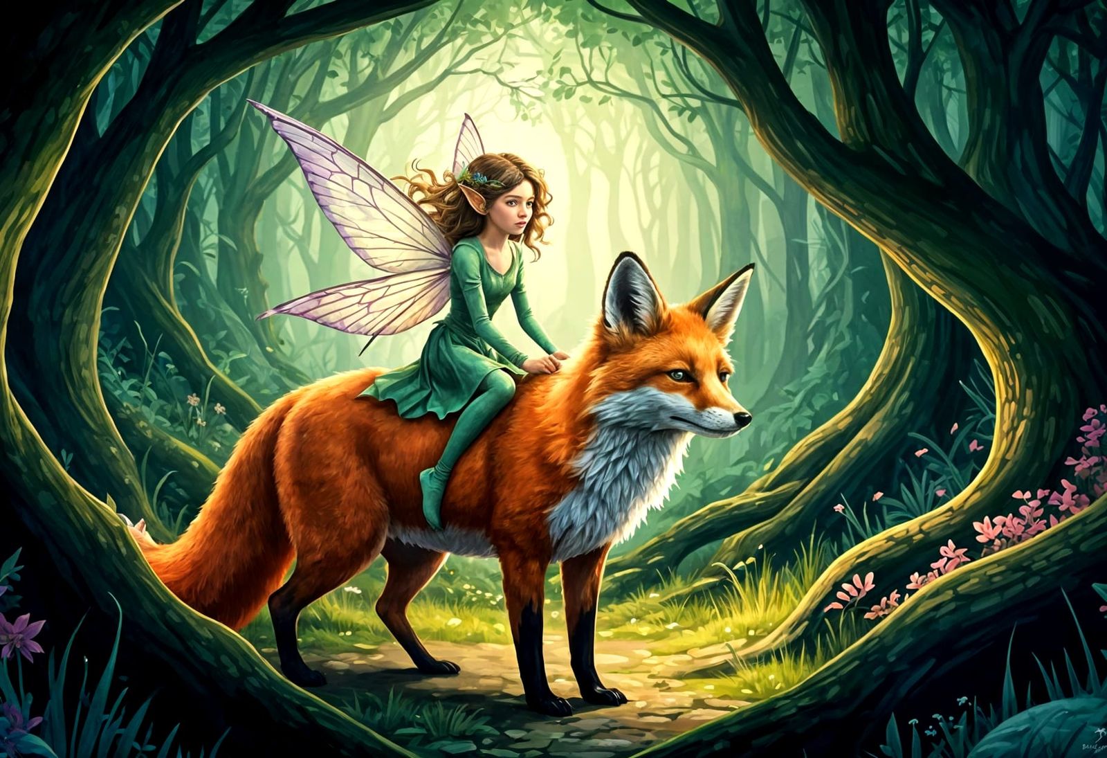 Enchanted Forest: Fairy and Fox Watercolor Illustration