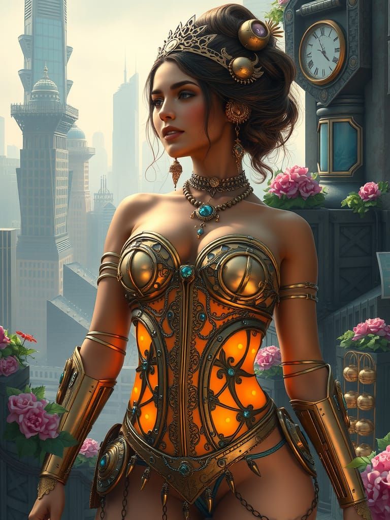 Steampunk Goddess in Solar-Powered Brass Corset