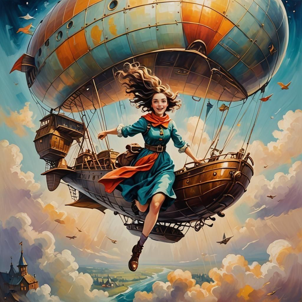 Girl in Magical Airship: Retro Oil Painting