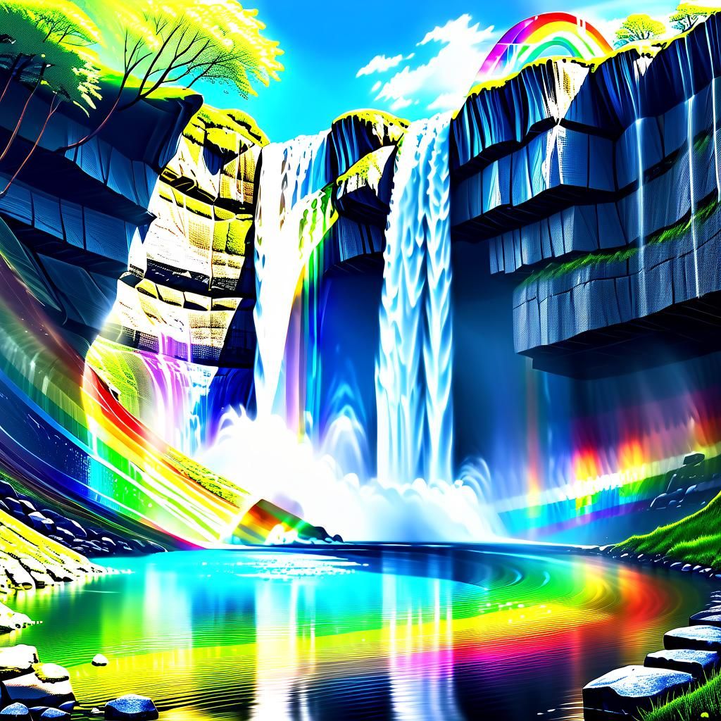 Rainbow Waterfall in Detailed Natural Scene